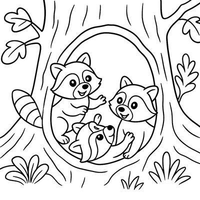 A Family Of Raccoon Kits Playing In A Hollow Tree