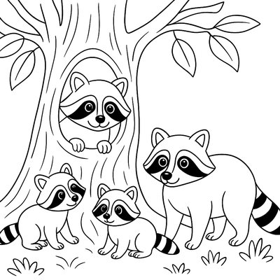 A Family Of Raccoons With Babies Emerging From A Hollow Tree