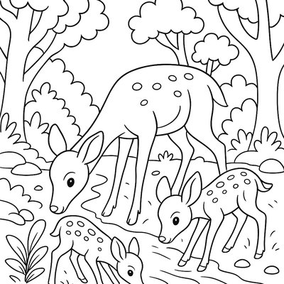 A Mother Deer With Twin Fawns Drinking From A Forest Stream