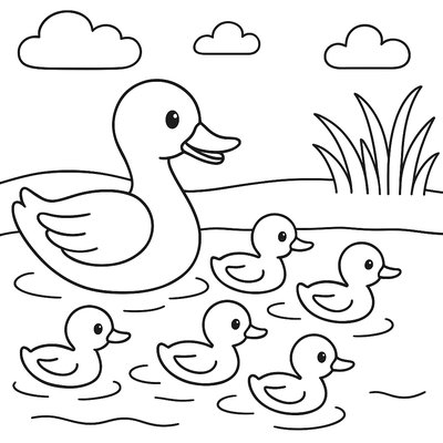 A Mother Duck Teaching Her Ducklings To Swim In A Pond