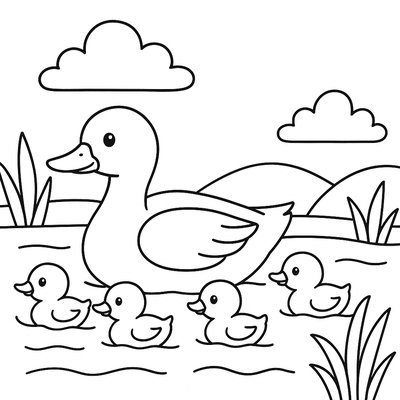 A Mother Duck With Her Ducklings Swimming In A Pond