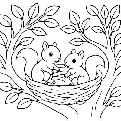 Baby Squirrels In Tree Nest With Spring Leaves