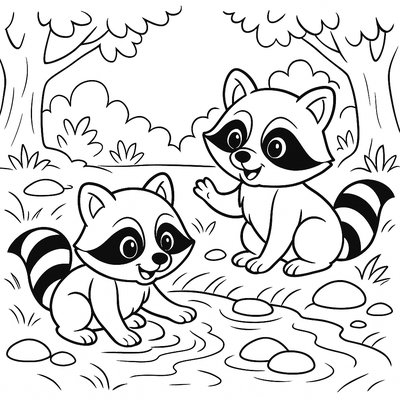Twin Baby Raccoons Playing By A Stream