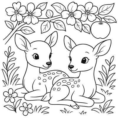 Twin Deer Fawns With Spotted Coats Under A Tree