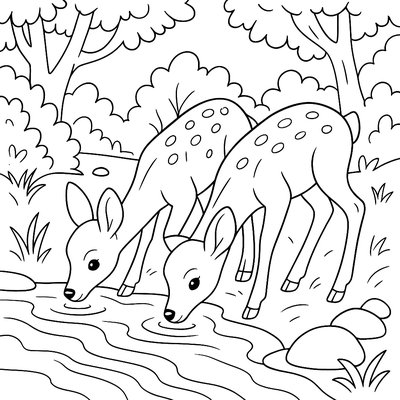 Twin Fawn Deer Drinking Water From A Forest Stream