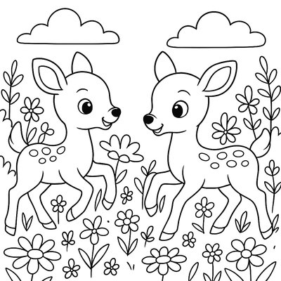 Twin Fawn Deer Playing In A Flower Meadow