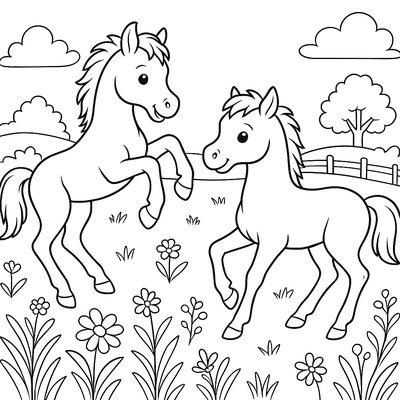 Twin Foals Playing In A Spring Pasture