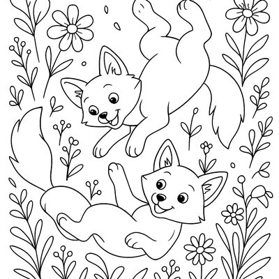 Twin Fox Cubs Tumbling In Wildflowers