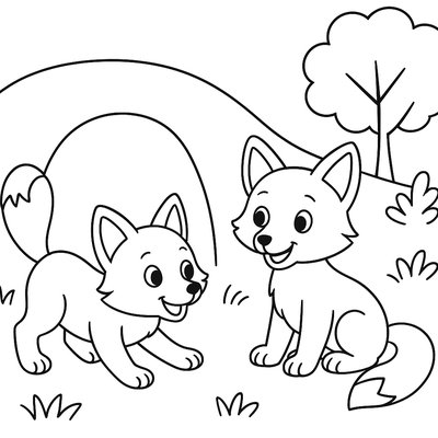 Twin Fox Kits Playing Outside Their Den