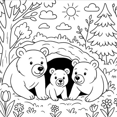 A Bear Family Emerging From Hibernation In A Spring Forest