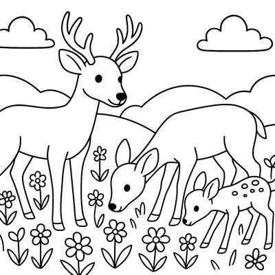 A Deer Family Grazing In A Meadow Full Of Spring Wildflowers