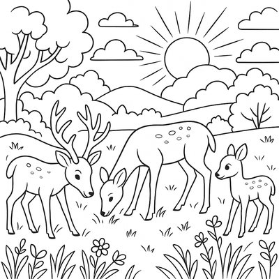 A Deer Family Grazing In Morning Sunlight