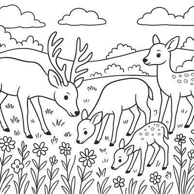 A Family Of Deer Grazing In A May Meadow