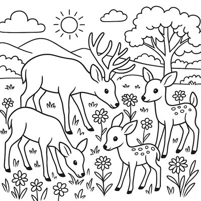 A Family Of Deer Grazing In A Meadow Filled With Wildflowers