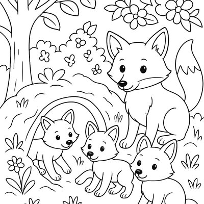 A Family Of Foxes Emerging From Their Den In Spring