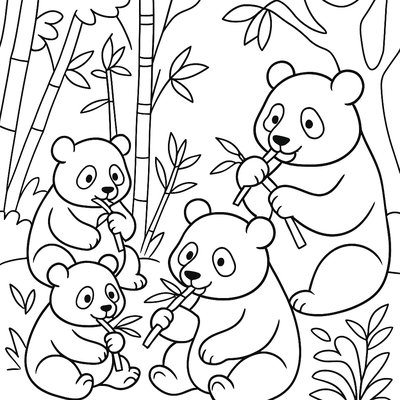 A Family Of Pandas Eating Bamboo In A Forest