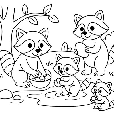 A Family Of Raccoons Washing Food By A Pond