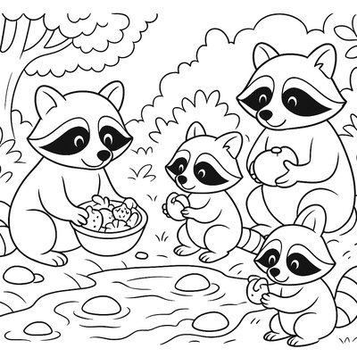 A Family Of Raccoons Washing Food By A Stream