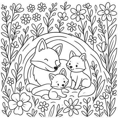 A Fox Family Den Hidden Among Spring Flowers