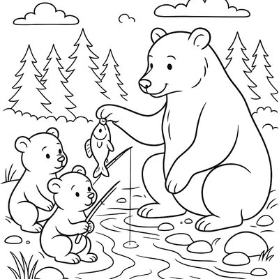 A Mother Bear Teaching Cubs To Fish In A Stream
