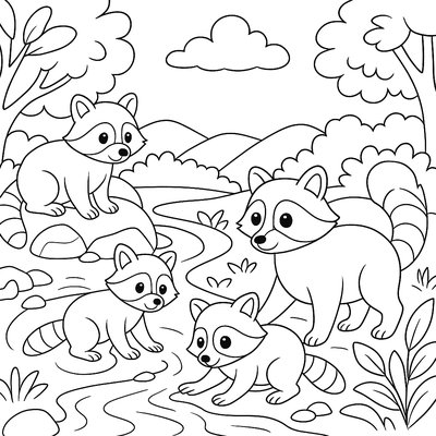 A Raccoon Family Exploring Near A Stream