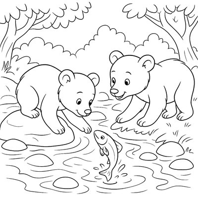 Bear Cubs Learning To Catch Fish In Stream