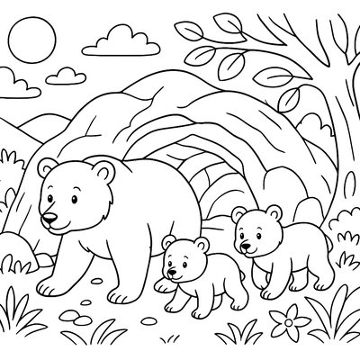 Bear Family Emerging From Hibernation Cave In Spring