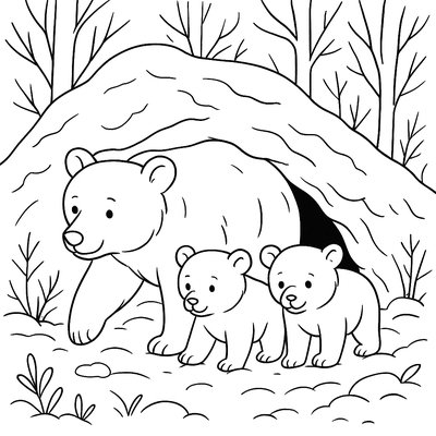 Bear Family Emerging From Winter Den