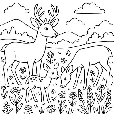 Deer Family Grazing In A Meadow Full Of Spring Wildflowers