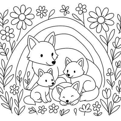 Fox Family Den With Spring Flowers Around Entrance