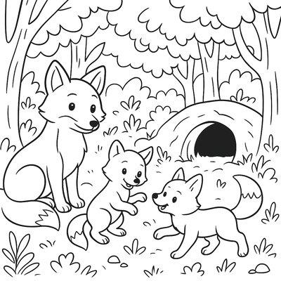 Fox Family With Cubs Playing Near Their Den In Forest