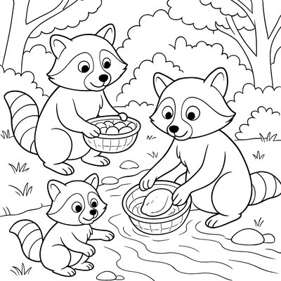 Raccoon Family Foraging Near Stream