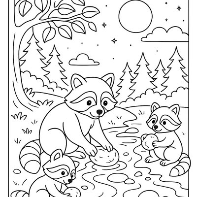 Raccoon Family Washing Food At Creek In Moonlight