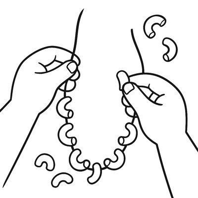 A Child's Hands Carefully Making A Macaroni Necklace On A String