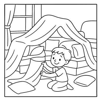 A Child Building An Elaborate Pillow And Blanket Fort In Their Living Room