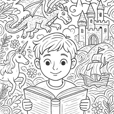 A Child Reading A Book With The Story Coming To Life Around Them