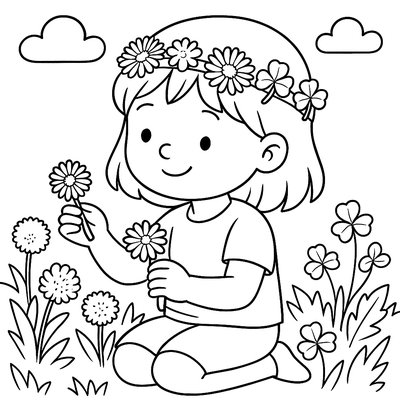Child Making Flower Crowns From Dandelions And Clover
