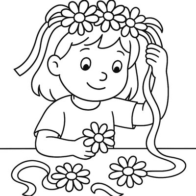 Child Making Flower Crowns With Daisies And Ribbons