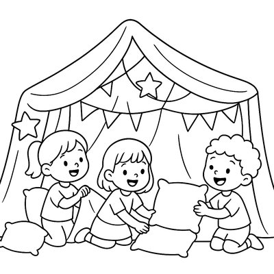Children Building An Elaborate Blanket Fort With Pillows And Decorations