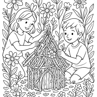 Children Building Fairy House From Twigs And Flowers
