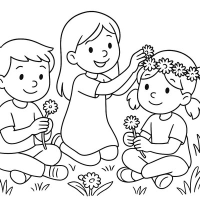 Children Making Flower Crowns And Nature Crafts