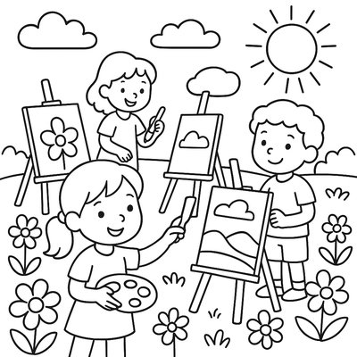 Kids Painting Outdoors With Easels Set Up In Flower Garden