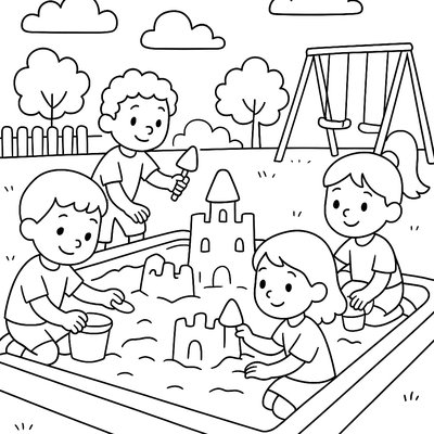 Sandbox Play Area With Children Building Castles
