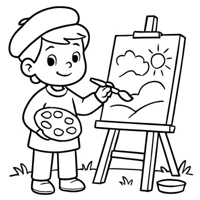 A Child Painting At An Easel With A Palette