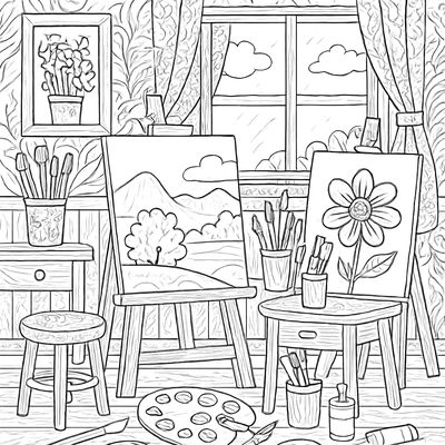 An Art Studio With Canvases And Paint Supplies