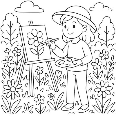An Artist Painting Flowers In A Spring Garden