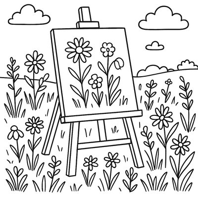 An Artist's Easel Set Up In A Field Painting Wildflowers