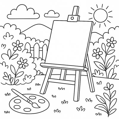 An Easel Set Up In A Garden For Plein Air Painting