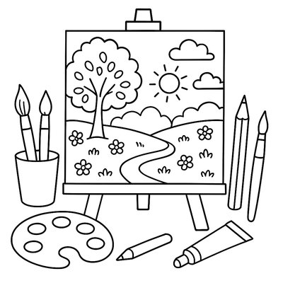 Art Supplies Arranged Around Canvas Showing Spring Landscape Painting