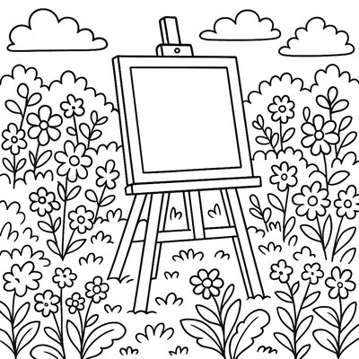 Artist Easel Set Up In Blooming Garden For Plein Air Painting